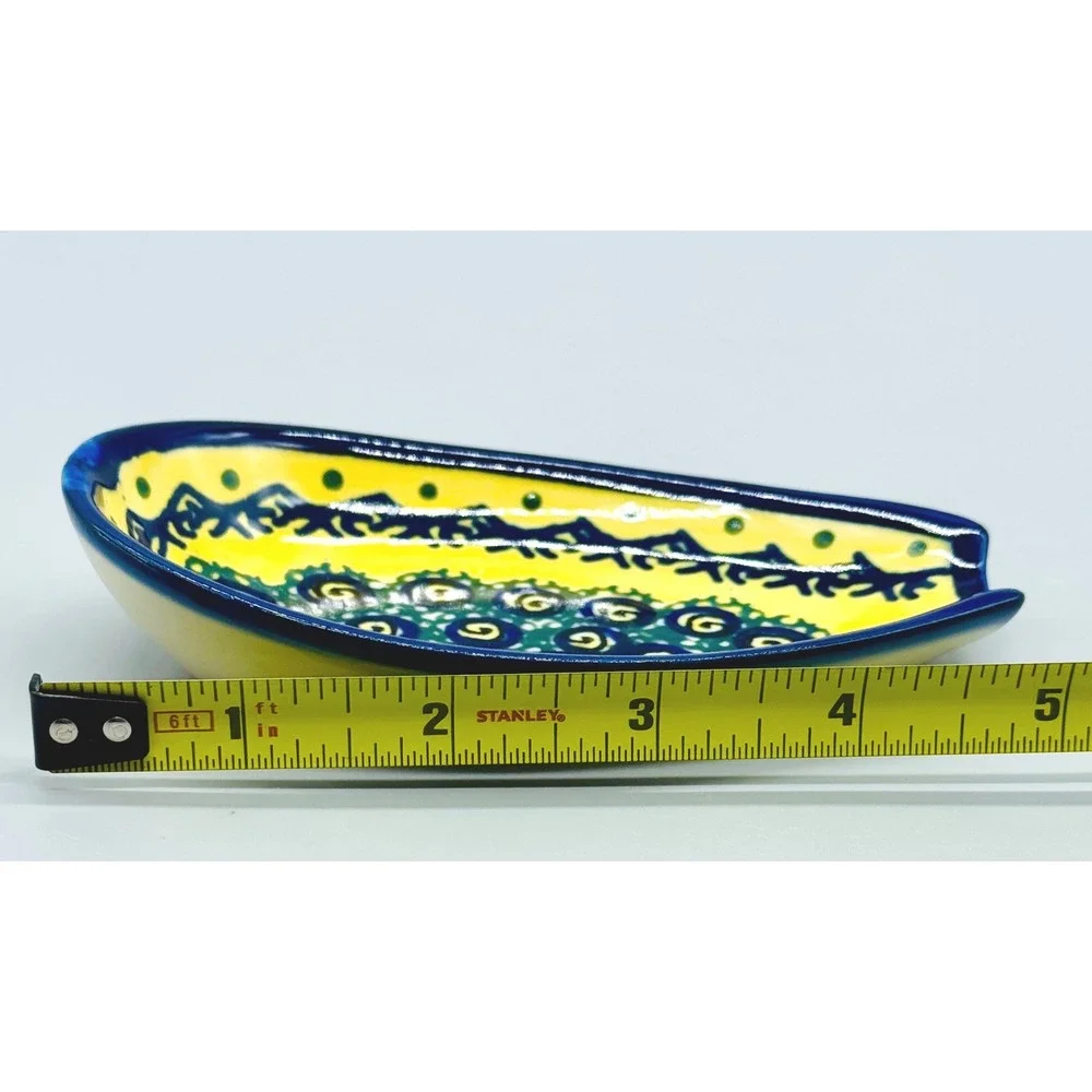 Boleslawiec Spoon Rest Yellow Blue Peacock Eye Pattern Ceramic Polish Pottery